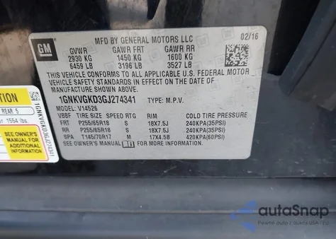 2016 Chevrolet Traverse 1Lt z USA, uszkodzony, nr VIN 1GNKVGKD3GJ274341